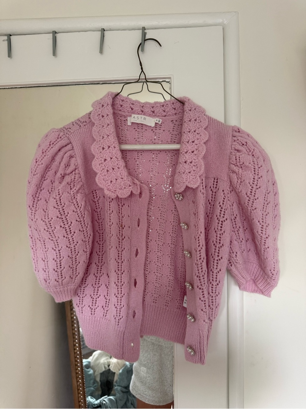 ASTR Lavender Puff-Sleeve Cardigan with Scalloped Collar and Pearl Buttons